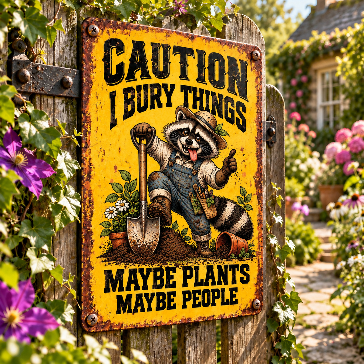 Funny Raccoon Garden Metal Sign, Caution I Bury Things Maybe Plants Maybe People, Raccoon Gardener Decor, Rustic Yard Sign, Garden Lover Gift