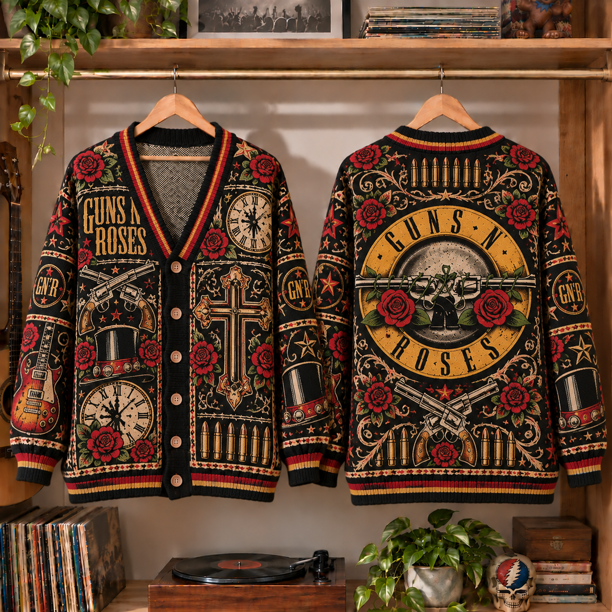 Guns N' Roses Retro Rock Knit Cardigan - Vintage Style Hard Rock Button Down Sweater, Unique Slash Top Hat Band Merchandise Fan Outfit