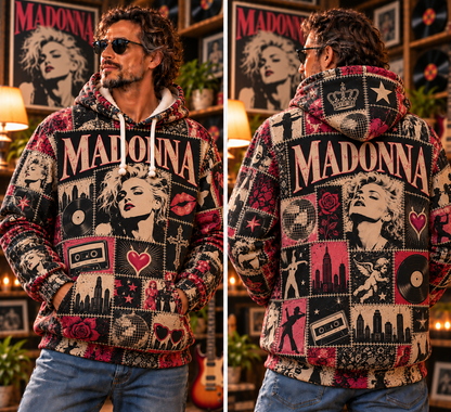 Madonna Patchwork Hoodie – Vintage Queen of Pop Graphic Pullover, Retro 80s Music Sweatshirt, Madonna Fan Gift, Iconic Pop Star Unisex Hoodie