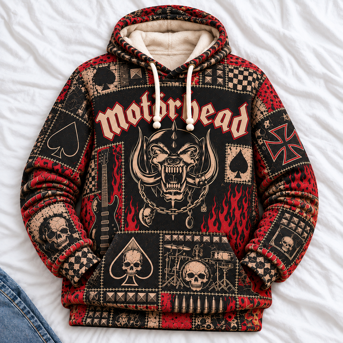 Motörhead Patchwork Hoodie – Vintage Heavy Metal Graphic Pullover, Snaggletooth Skull Sweatshirt, Retro Rock Band Fan Gift, Unisex Biker Hoodie