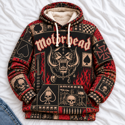 Motörhead Patchwork Hoodie – Vintage Heavy Metal Graphic Pullover, Snaggletooth Skull Sweatshirt, Retro Rock Band Fan Gift, Unisex Biker Hoodie