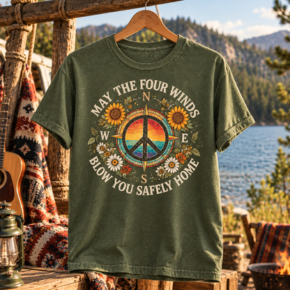 May the Four Winds Blow You Safely Home Shirt, Grateful Dead Inspired Compass Tee, Hippie Peace Sign Shirt, Boho Road Trip Gift