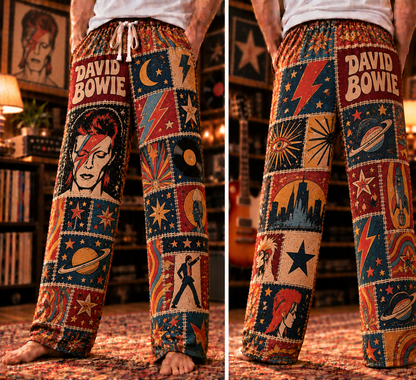 David Bowie Pajama Pants - Patchwork Aladdin Sane Art Sleepwear | Comfortable Glam Rock Fan Lounge Pants
