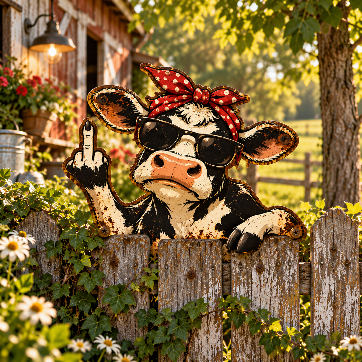 Funny Cow Fence Metal Sign, Rude Cow Yard Decor, Middle Finger Cow Sign, Farmhouse Garden Humor, Rustic Cow Lover Gift