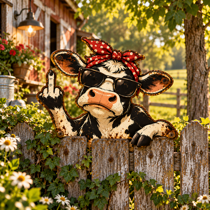 Funny Cow Fence Metal Sign, Rude Cow Yard Decor, Middle Finger Cow Sign, Farmhouse Garden Humor, Rustic Cow Lover Gift