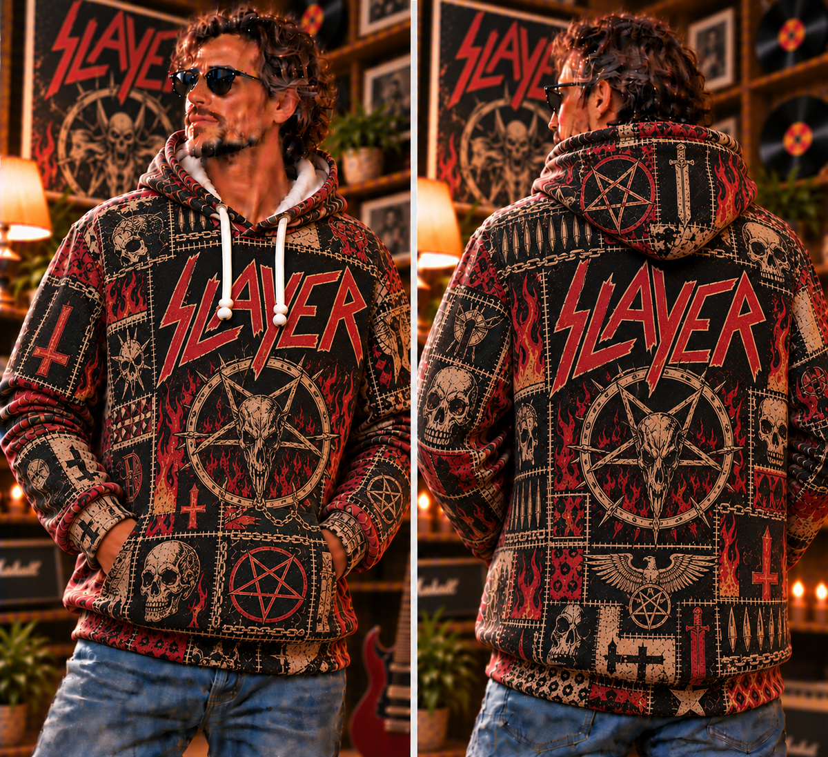Slayer Patchwork Hoodie – Vintage Thrash Metal Graphic Pullover, Skull & Pentagram Design, Retro Heavy Metal Sweatshirt