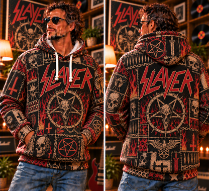 Slayer Patchwork Hoodie – Vintage Thrash Metal Graphic Pullover, Skull & Pentagram Design, Retro Heavy Metal Sweatshirt