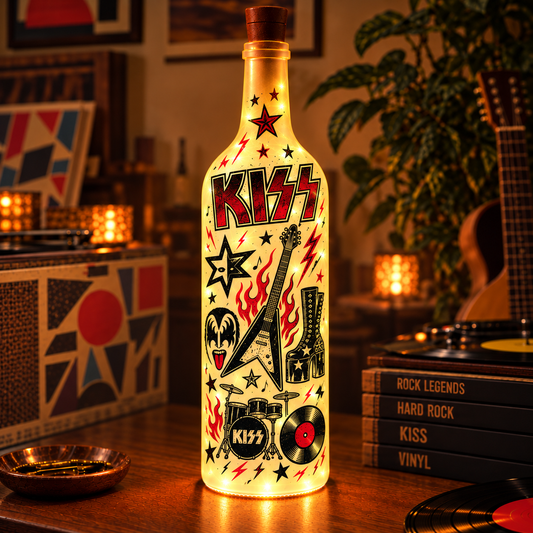 KISS Vintage Lighted Bottle Lamp - Premium Hard Rock Music Merchandise, Gene Simmons Face & Flames LED Fairy Light Up Bottle Night Light Decor Gift