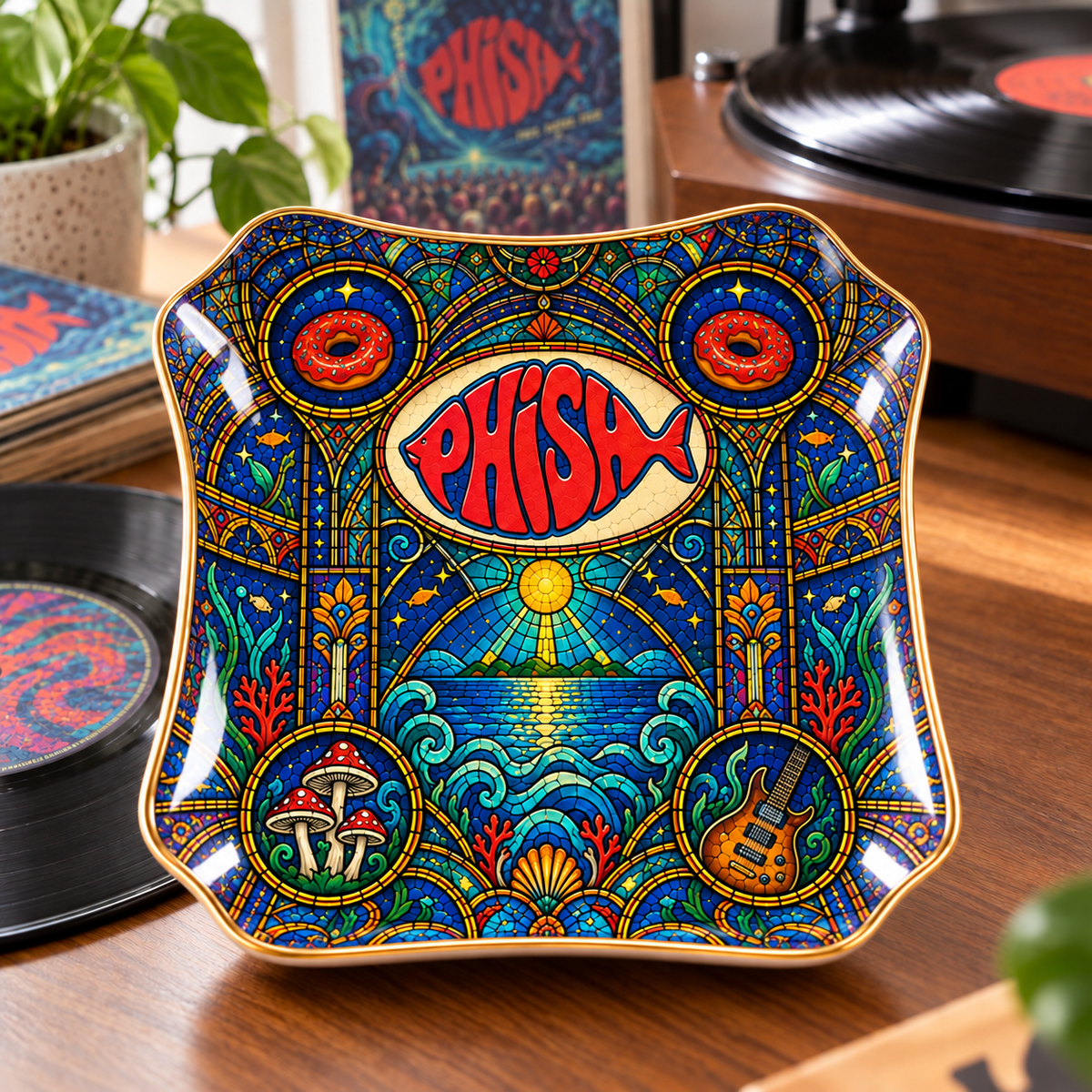 Phish Ceramic Ring Dish - Jam Band Stained Glass Jewelry Tray, Donut Logo Fish Artwork Trinket Dish Fan Gift