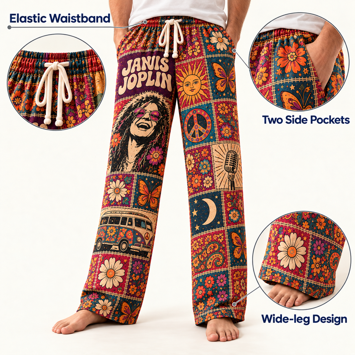 Janis Joplin Pajama Pants - Patchwork Psychedelic Blues Rock Sleepwear | Comfortable Music Fan Lounge Pants