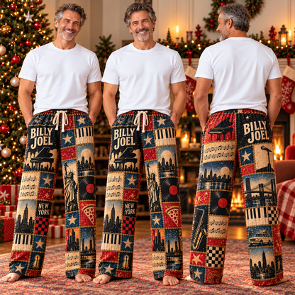 Billy Joel Pajama Pants - Patchwork Piano Man & NYC Art Sleepwear | Comfortable Music Fan Lounge Pants