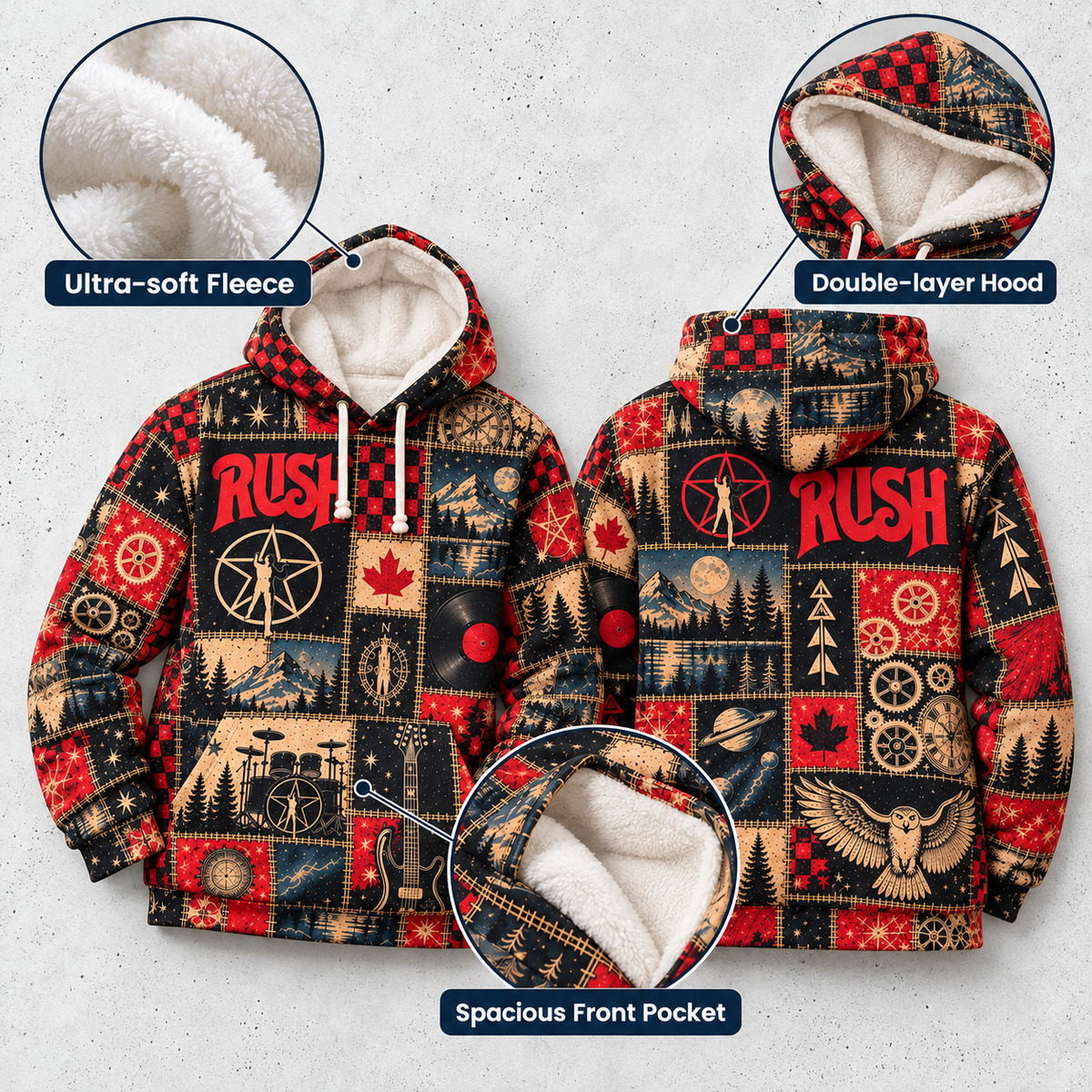 Rush Patchwork Hoodie – Vintage Progressive Rock Band Graphic Pullover, 2112 Starman Inspired Hoodie, Retro Music Lover Gift