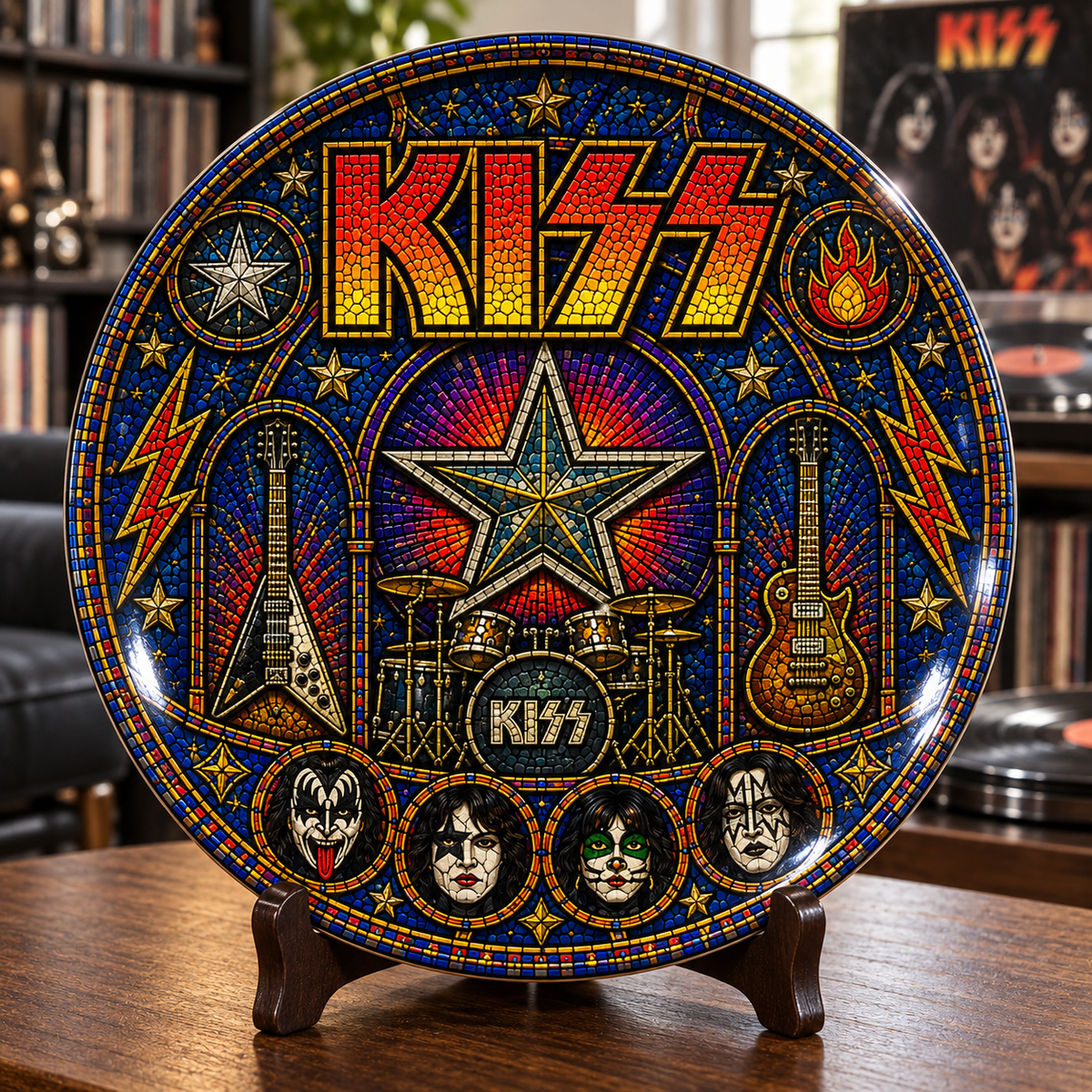 KISS Stained Glass Ceramic Plate - Decorative Wall & Table Display Dish, Rock Band Makeup Face Icons Fan Gift