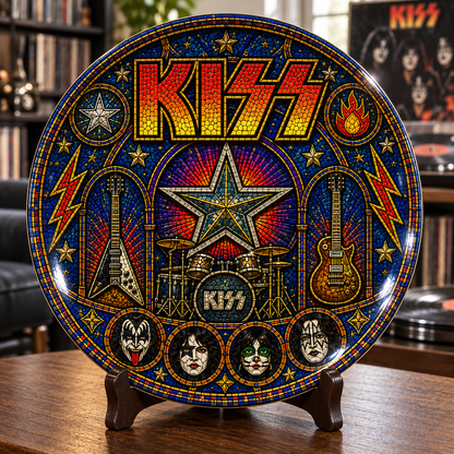 KISS Stained Glass Ceramic Plate - Decorative Wall & Table Display Dish, Rock Band Makeup Face Icons Fan Gift