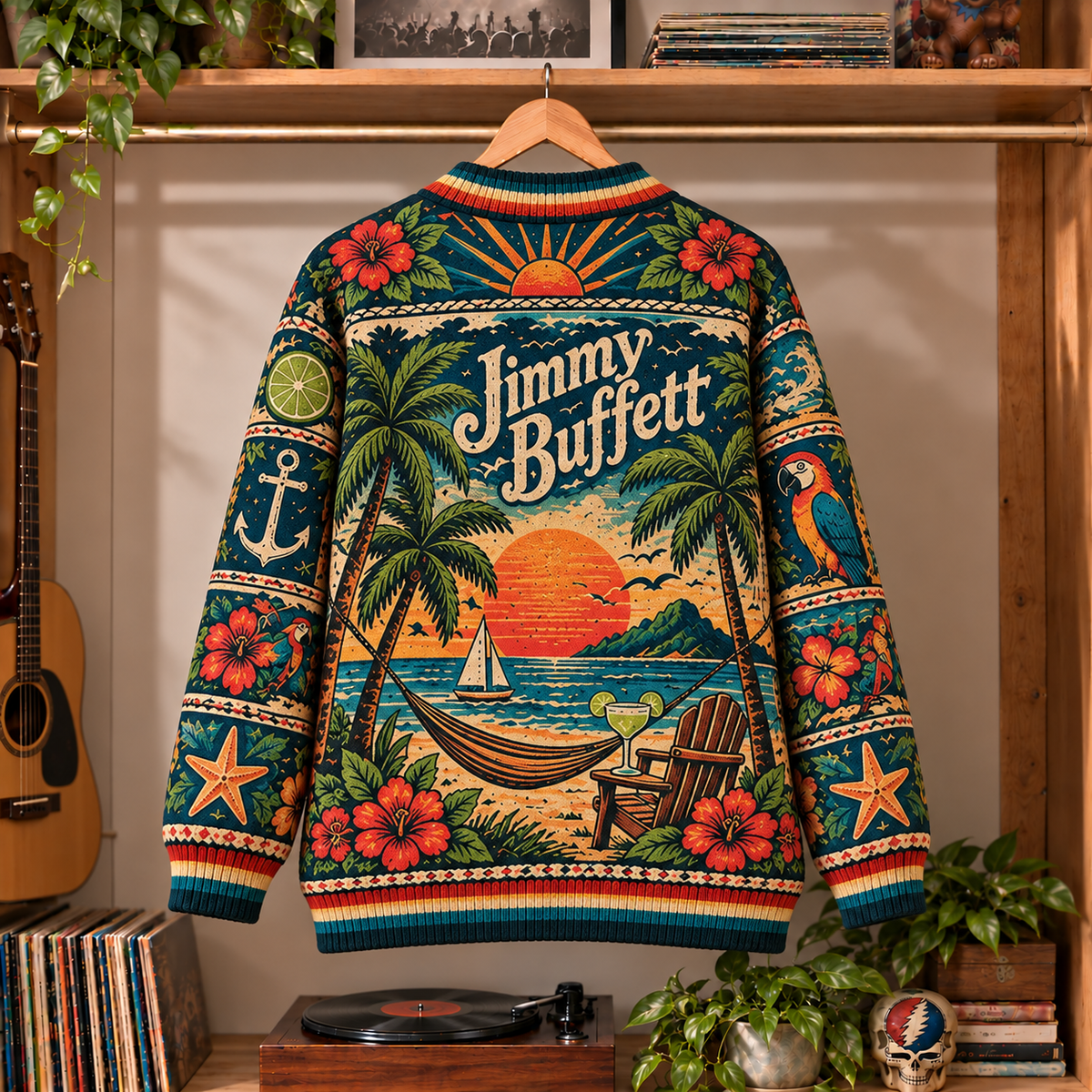 Jimmy Buffett Retro Rock Knit Cardigan - Vintage Style Country Tropical Button Down Sweater, Unique Parrothead Margaritaville Merchandise Fan Outfit