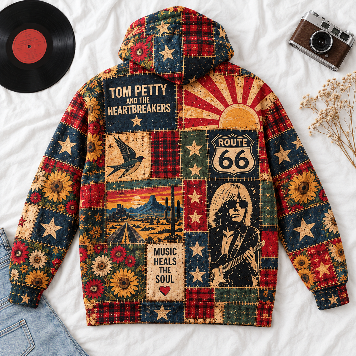 Tom Petty and The Heartbreakers Patchwork Hoodie – Vintage Wildflowers Graphic Pullover, Classic Rock Music Hoodie, Retro Tom Petty Fan Gift