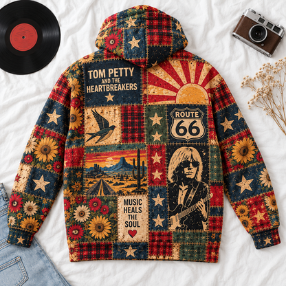 Tom Petty and The Heartbreakers Patchwork Hoodie – Vintage Wildflowers Graphic Pullover, Classic Rock Music Hoodie, Retro Tom Petty Fan Gift