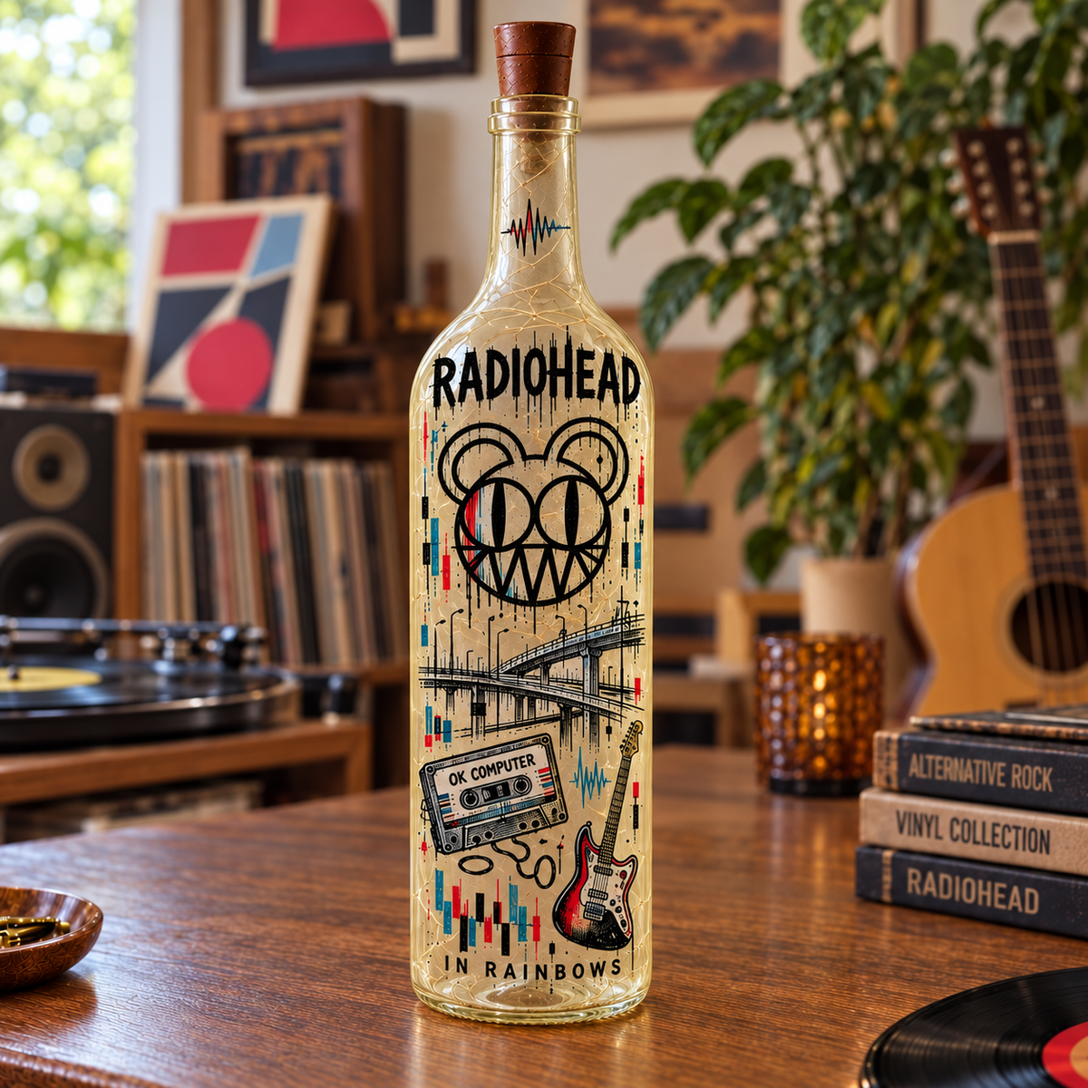 Radiohead Vintage Lighted Bottle Lamp - Premium Alternative Rock Music Merchandise, Modified Bear & OK Computer LED Fairy Light Up Bottle Night Light