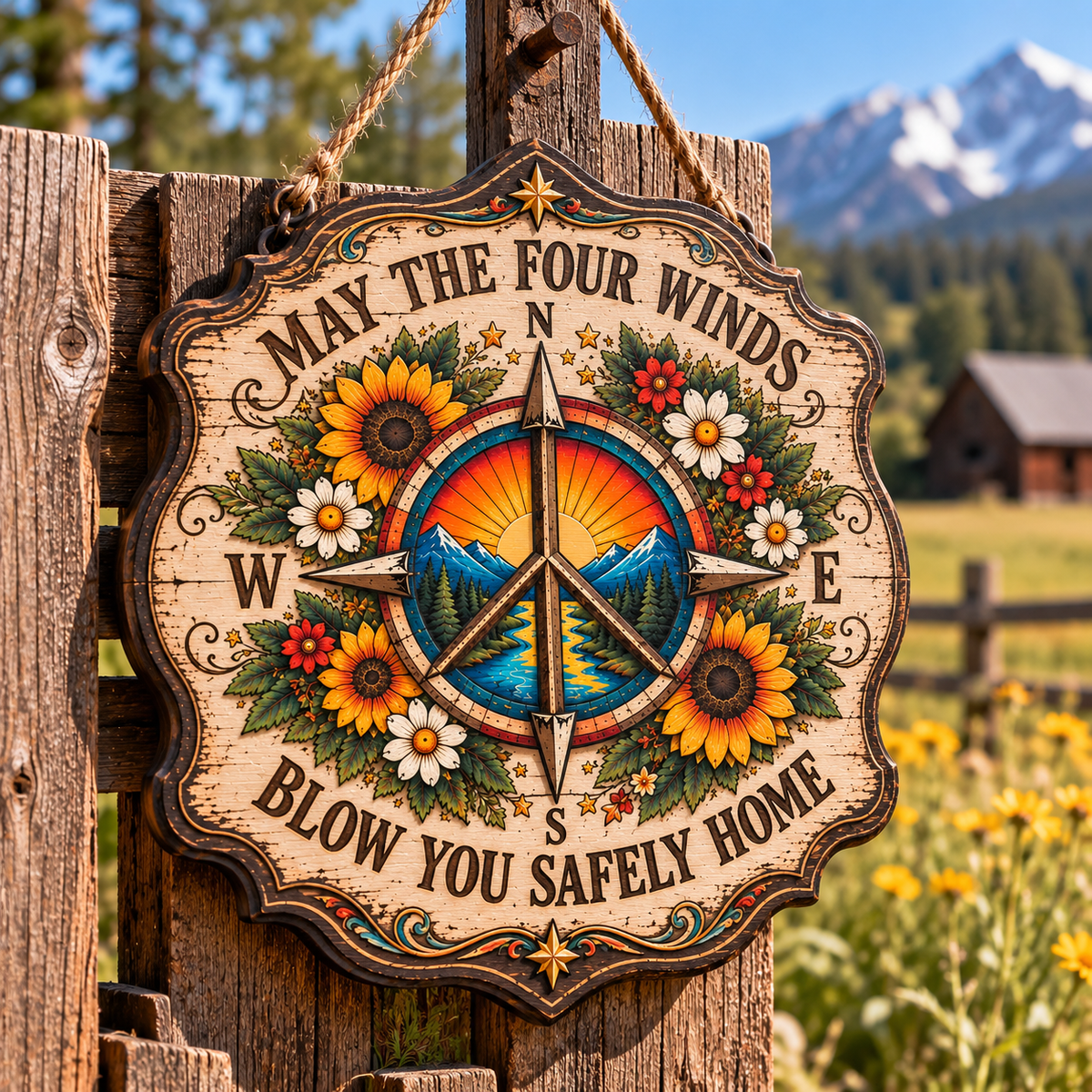 May the Four Winds Blow You Safely Home Wood Sign, Peace Compass Wall Decor, Sunflower Boho Sign, Grateful Dead Inspired Gift