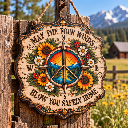 May the Four Winds Blow You Safely Home Wood Sign, Peace Compass Wall Decor, Sunflower Boho Sign, Grateful Dead Inspired Gift