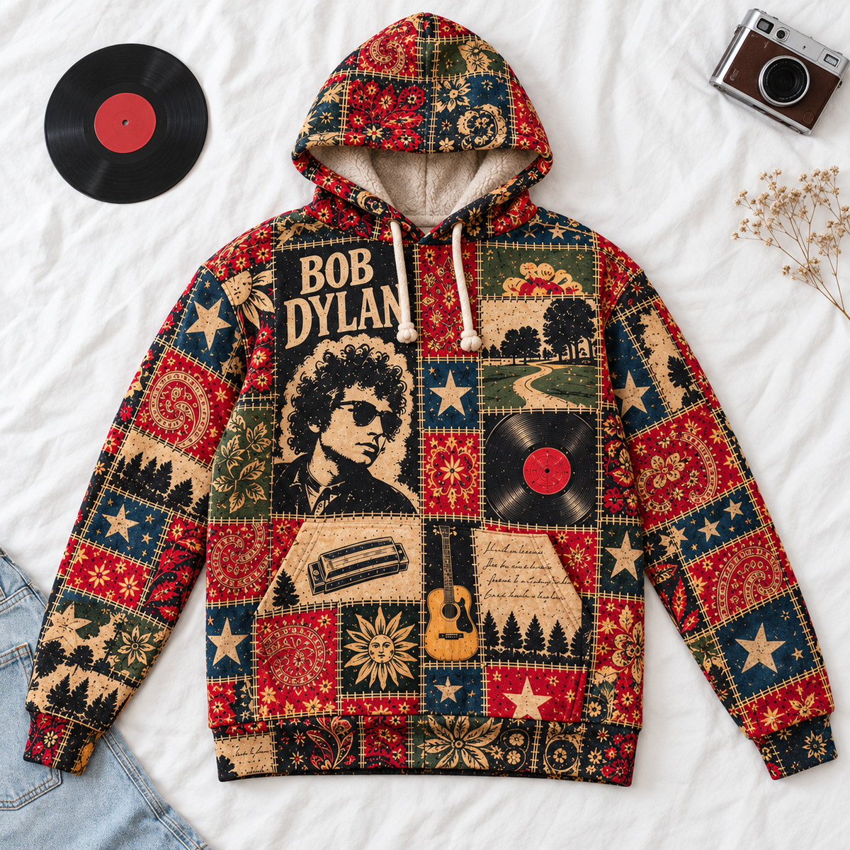 Bob Dylan Patchwork Sherpa Hoodie – Vintage Folk Rock Pullover, Retro Floral Graphic Hoodie, Ultra Soft Fleece, Bob Dylan Fan Gift