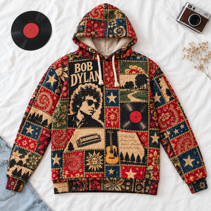 Bob Dylan Patchwork Sherpa Hoodie – Vintage Folk Rock Pullover, Retro Floral Graphic Hoodie, Ultra Soft Fleece, Bob Dylan Fan Gift