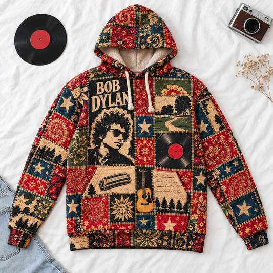 Bob Dylan Patchwork Sherpa Hoodie – Vintage Folk Rock Pullover, Retro Floral Graphic Hoodie, Ultra Soft Fleece, Bob Dylan Fan Gift