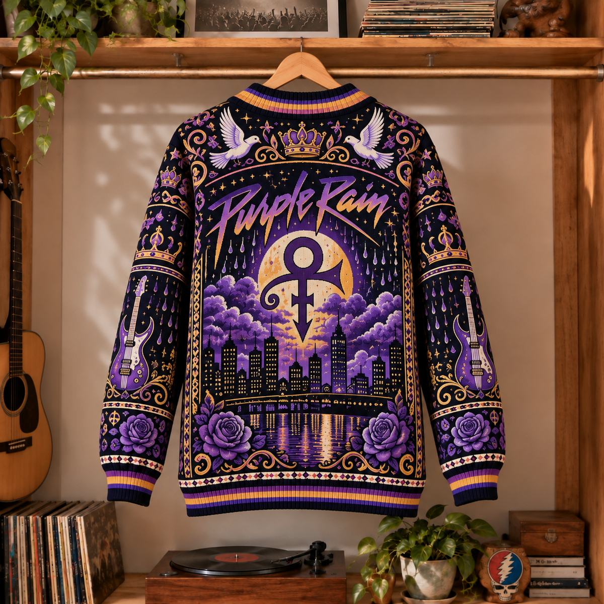 Prince Retro Rock Knit Cardigan - Vintage Style Purple Rain Button Down Sweater, Unique Pop Funk R&B Band Merchandise Fan Outfit