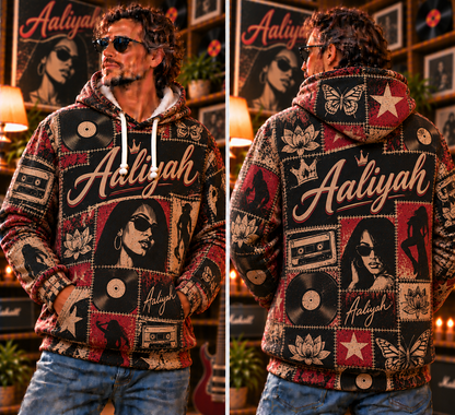Aaliyah Patchwork Hoodie – Vintage 90s R&B Singer Graphic Pullover, Retro Hip Hop Music Hoodie, Aaliyah Memorial Fan Gift