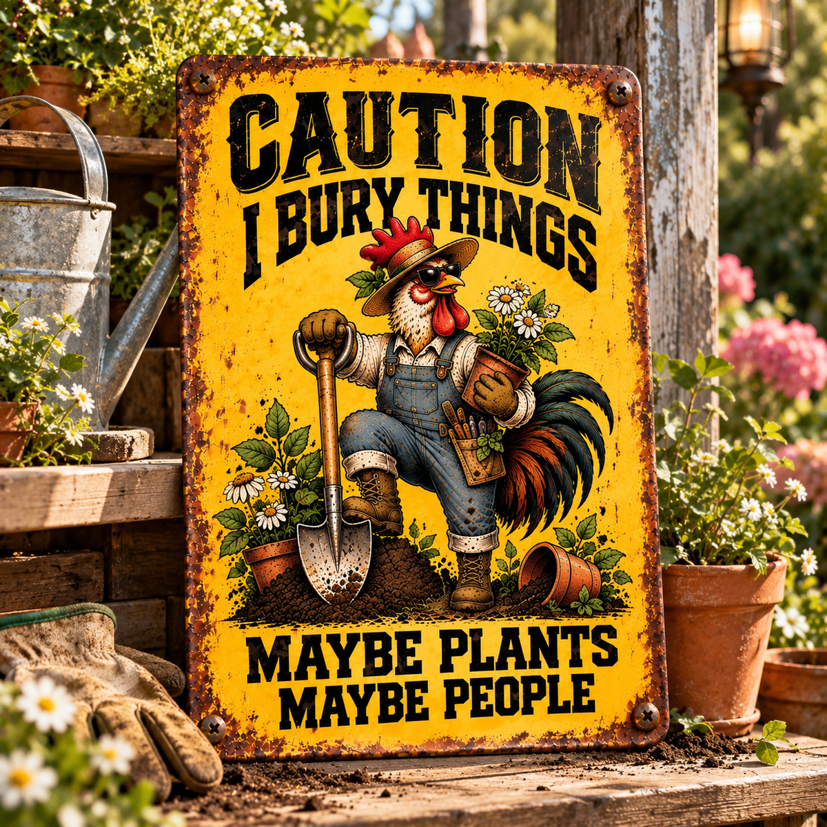 Funny Rooster Garden Metal Sign, Caution I Bury Things Maybe Plants Maybe People, Chicken Gardener Decor, Farmhouse Yard Sign, Garden Lover Gift