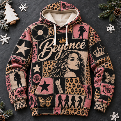 Beyoncé Patchwork Hoodie – Vintage Queen Bey Graphic Pullover, Pink Leopard Print Music Hoodie, Retro Pop R&B Fan Gift