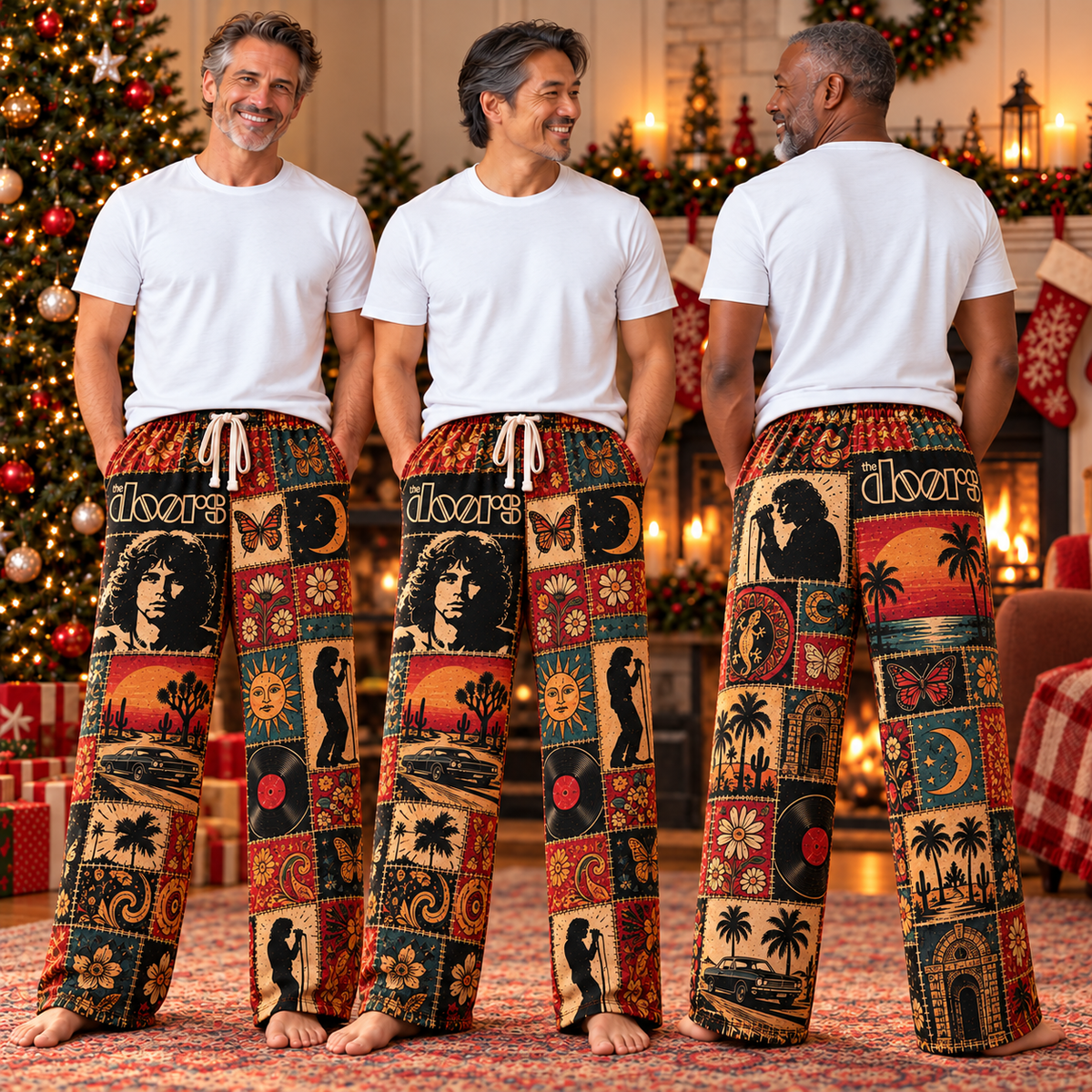 The Doors Patchwork Pajama Pants - Vintage Psychedelic Rock Art Lounge Pants with Elastic Waistband, Adjustable Drawstring & Two Side Pockets