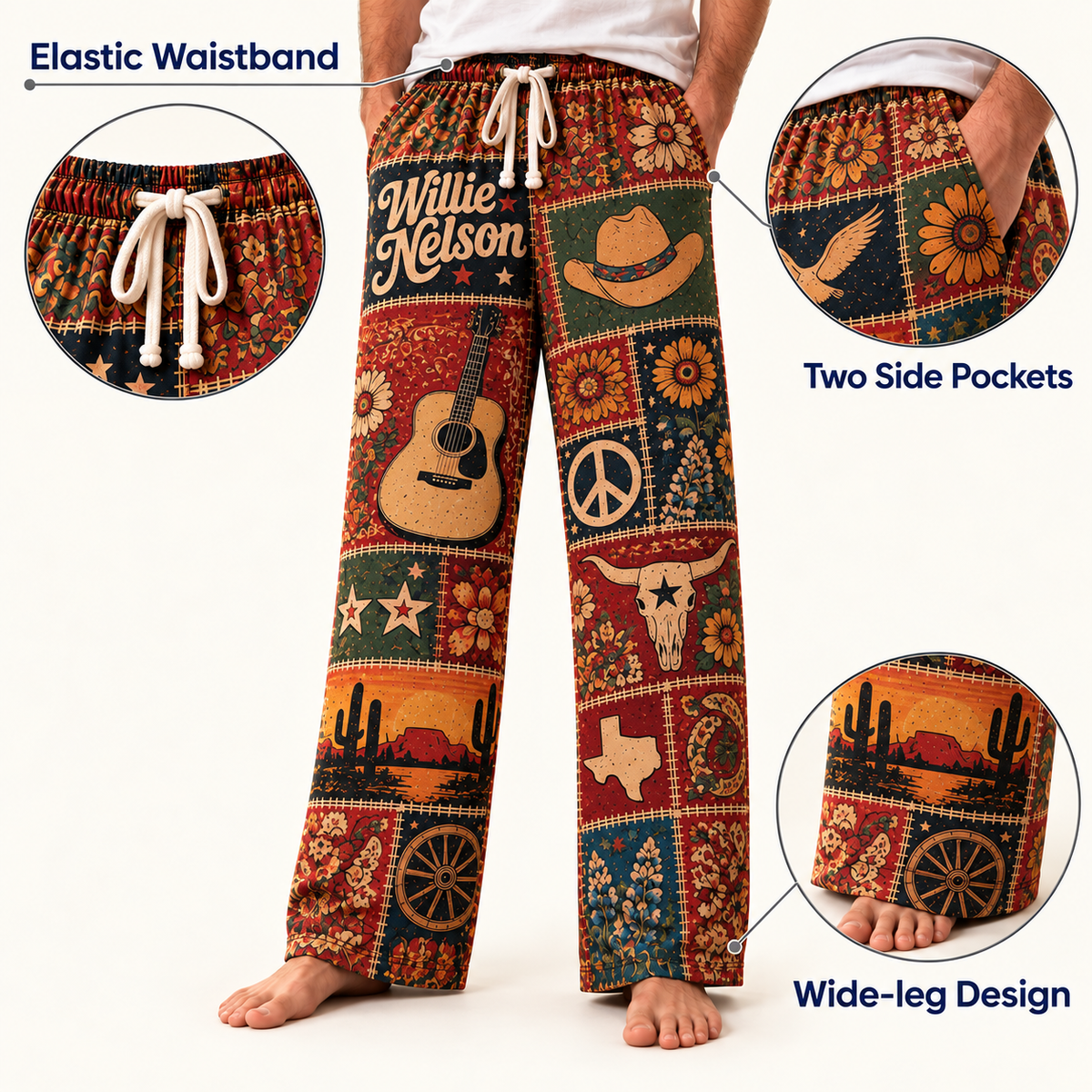 Willie Nelson Patchwork Pajama Pants - Vintage Outlaw Country Music Art & Texas Flag Lounge Pants with Elastic Waistband, Adjustable Drawstring & Two Side Pockets