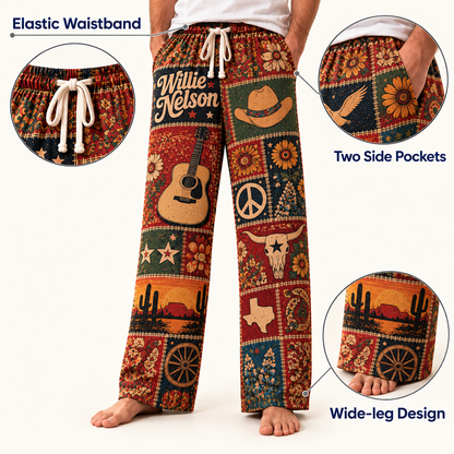 Willie Nelson Patchwork Pajama Pants - Vintage Outlaw Country Music Art & Texas Flag Lounge Pants with Elastic Waistband, Adjustable Drawstring & Two Side Pockets