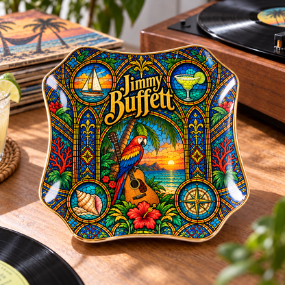 Jimmy Buffett Mexican Folk Art Ceramic Jewelry Dish - Parrot & Margarita Ring Tray - Island Rock Fan Unique Collectible