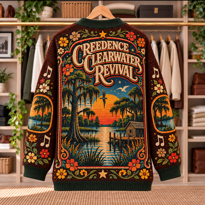 Creedence Clearwater Revival Patchwork Cardigan - Casual Button Sweater, Born on the Bayou Swamp Rock Music Fan Gift