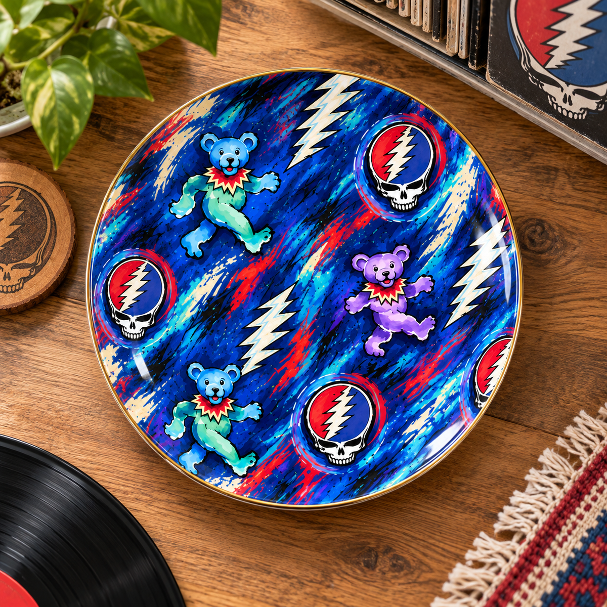 Grateful Dead Painterly Dancing Bears Jewelry Dish - Ceramic Trinket Tray, Steal Your Face Ring Holder, Rock Fan Gift