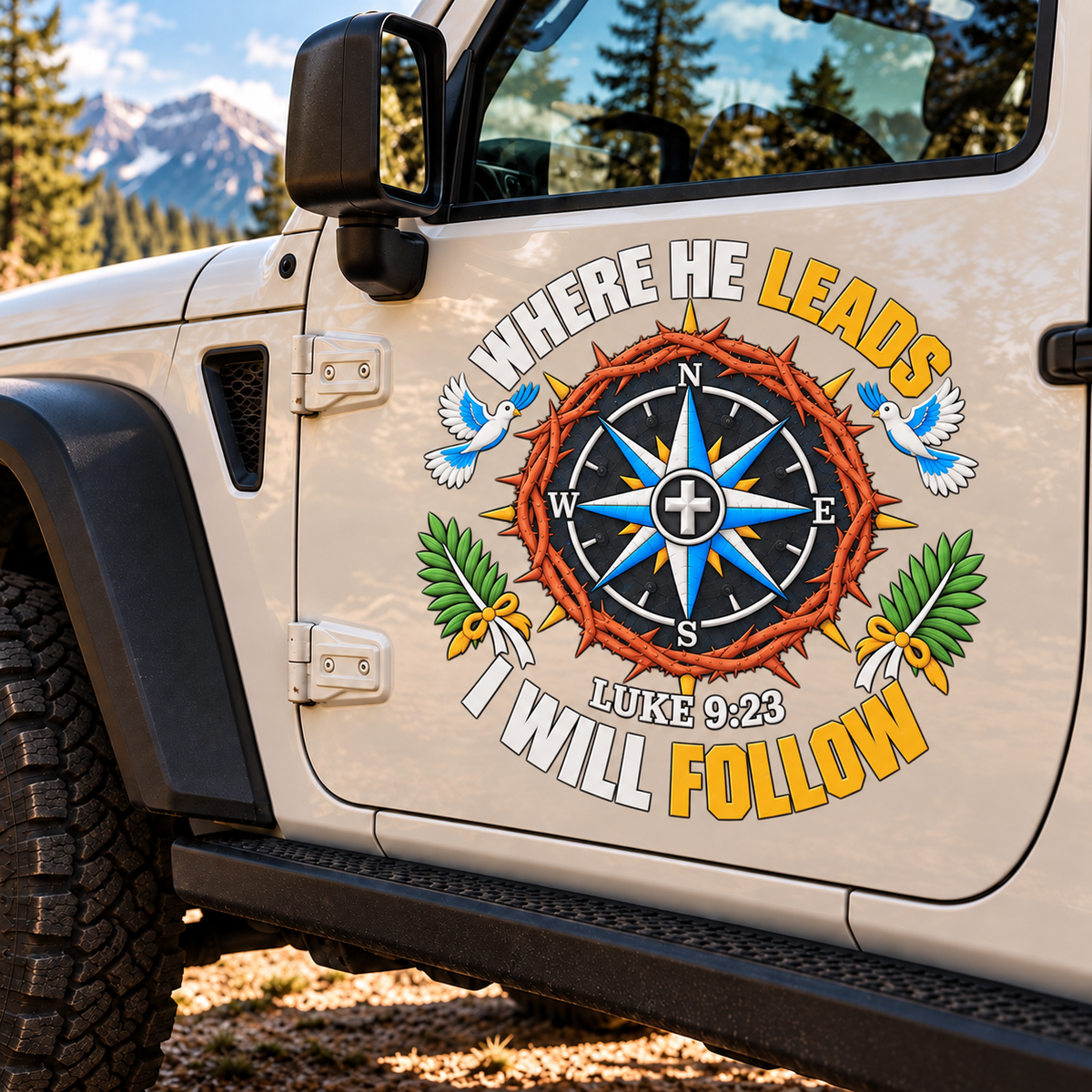Where He Leads I Will Follow Luke 9:23 Car Decal, Christian Compass Crown of Thorns Vinyl Sticker