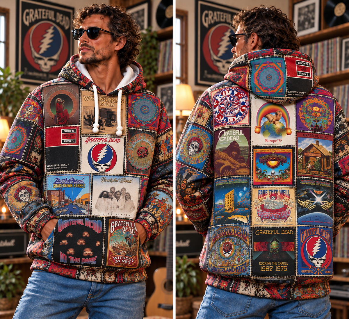 Grateful Dead Patchwork Hoodie – Vintage Psychedelic Rock Band Graphic Pullover, Retro Album Cover Hoodie, Grateful Dead Fan Gift
