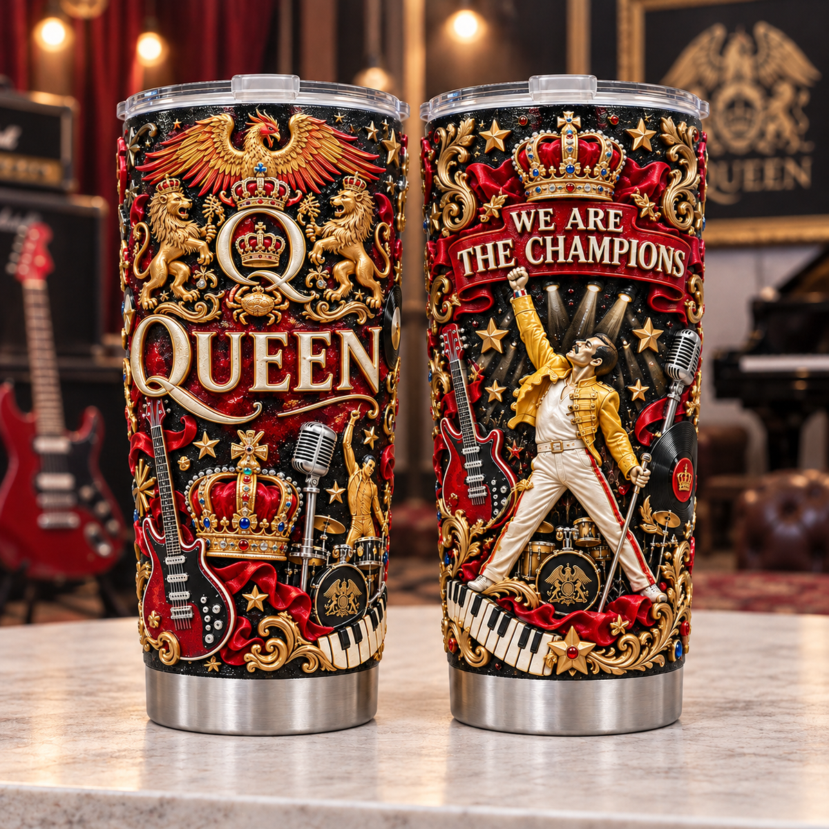 Queen 3D Printed Tumbler - 20oz Stainless Steel Insulated Travel Coffee Mug with Lid - Classic Rock Band Music Merchandise Gift