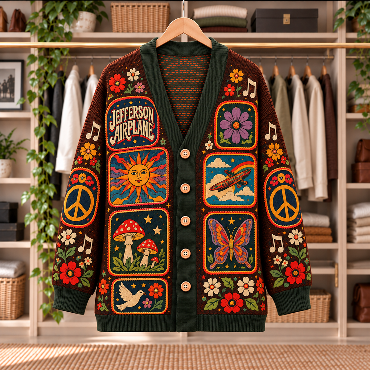 Jefferson Airplane Patchwork Cardigan - Casual Oversized Button Sweater, Airplane Peace Sign Psychedelic Rock Fan Gift