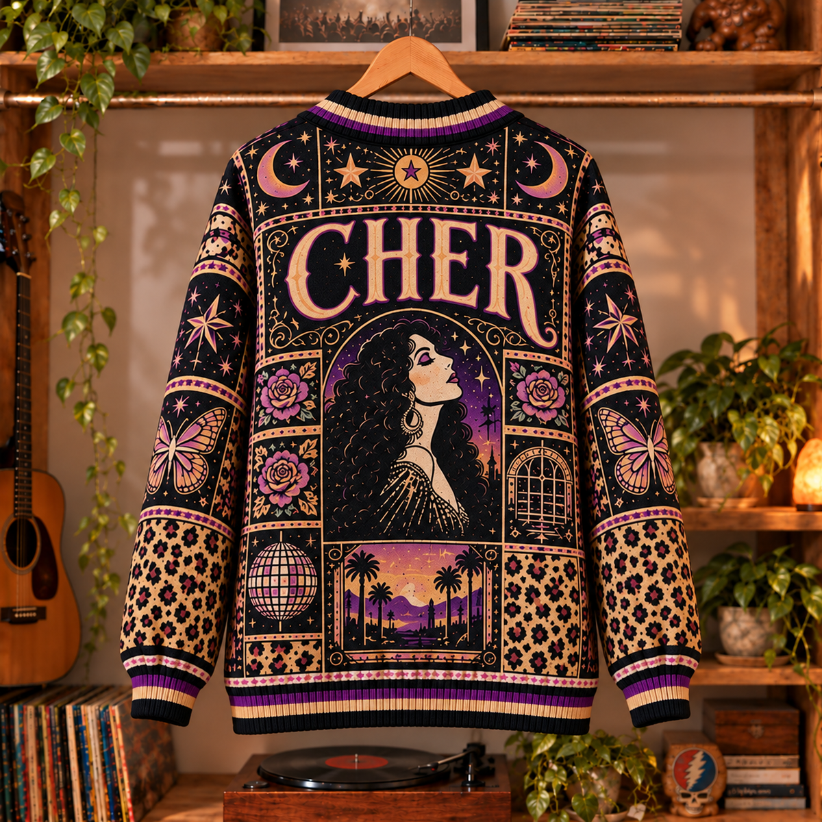 Cher Retro Graphic Cardigan - Vintage Singer Knit Outerwear, Pop Icon Fan Apparel & Fashion Style Gift