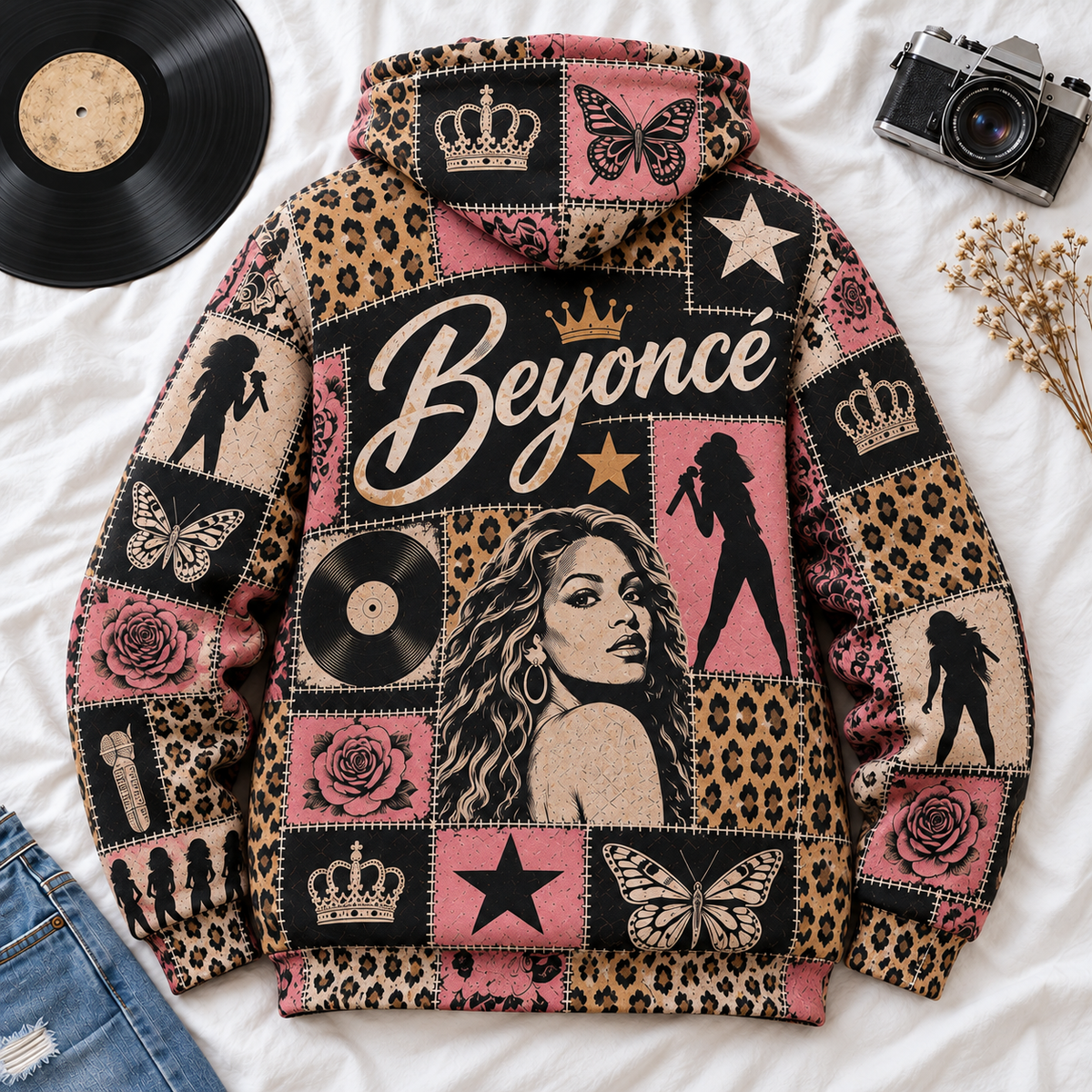 Beyoncé Patchwork Hoodie – Vintage Queen Bey Graphic Pullover, Pink Leopard Print Music Hoodie, Retro Pop R&B Fan Gift