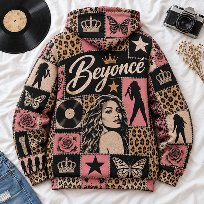 Beyoncé Patchwork Hoodie – Vintage Queen Bey Graphic Pullover, Pink Leopard Print Music Hoodie, Retro Pop R&B Fan Gift