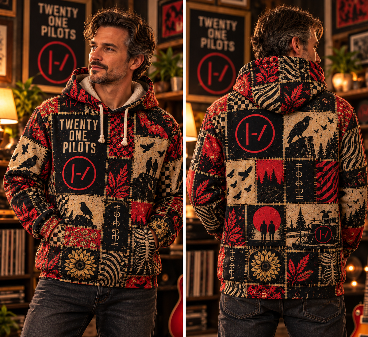 Twenty One Pilots Patchwork Sherpa Hoodie – Ultra Soft Fleece Pullover, Double Layer Hood, Alternative Rock Band Fan Gift