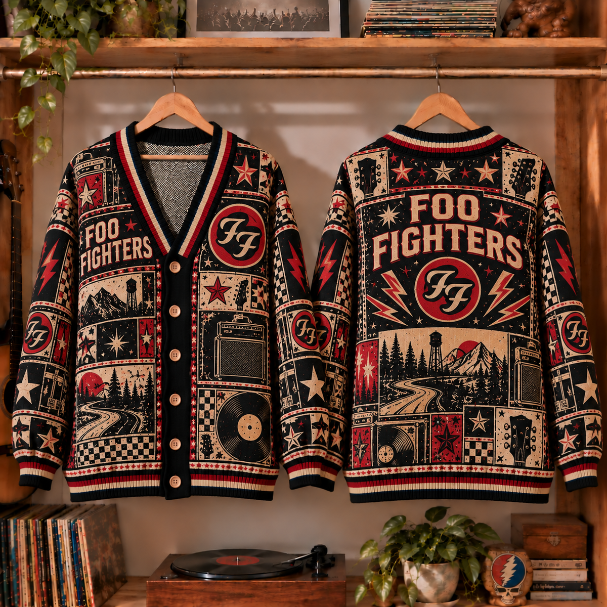 Foo Fighters Retro Graphic Cardigan - Vintage Rock Band Knit Outerwear, Alternative Music Fan Apparel & Fashion Style Gift