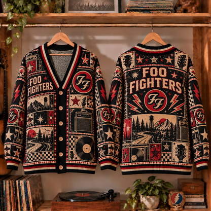 Foo Fighters Retro Graphic Cardigan - Vintage Rock Band Knit Outerwear, Alternative Music Fan Apparel & Fashion Style Gift