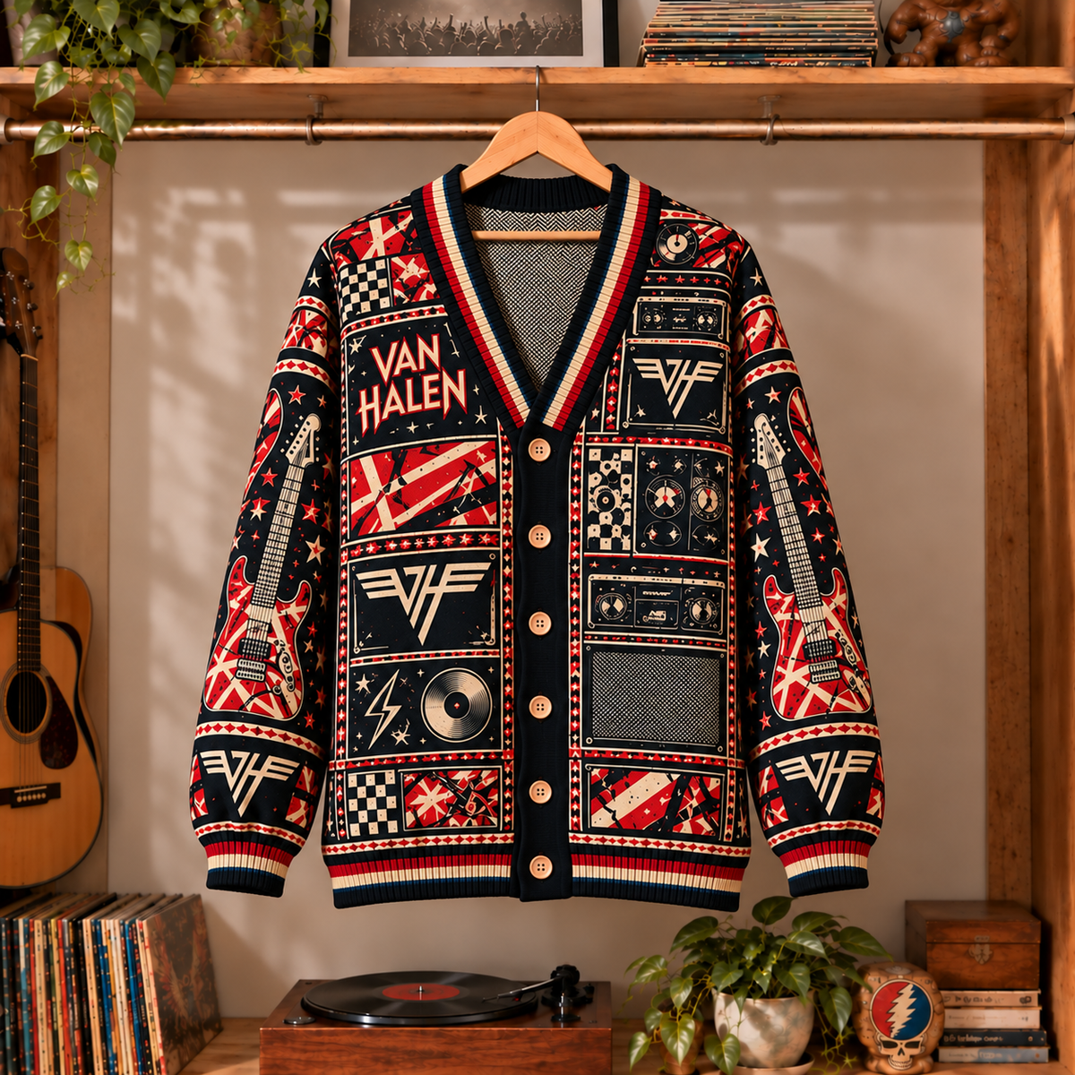Van Halen Retro Rock Knit Cardigan - Vintage Style Hard Rock Button Down Sweater, Unique VH Logo Frankenstrat Band Merchandise Fan Outfit