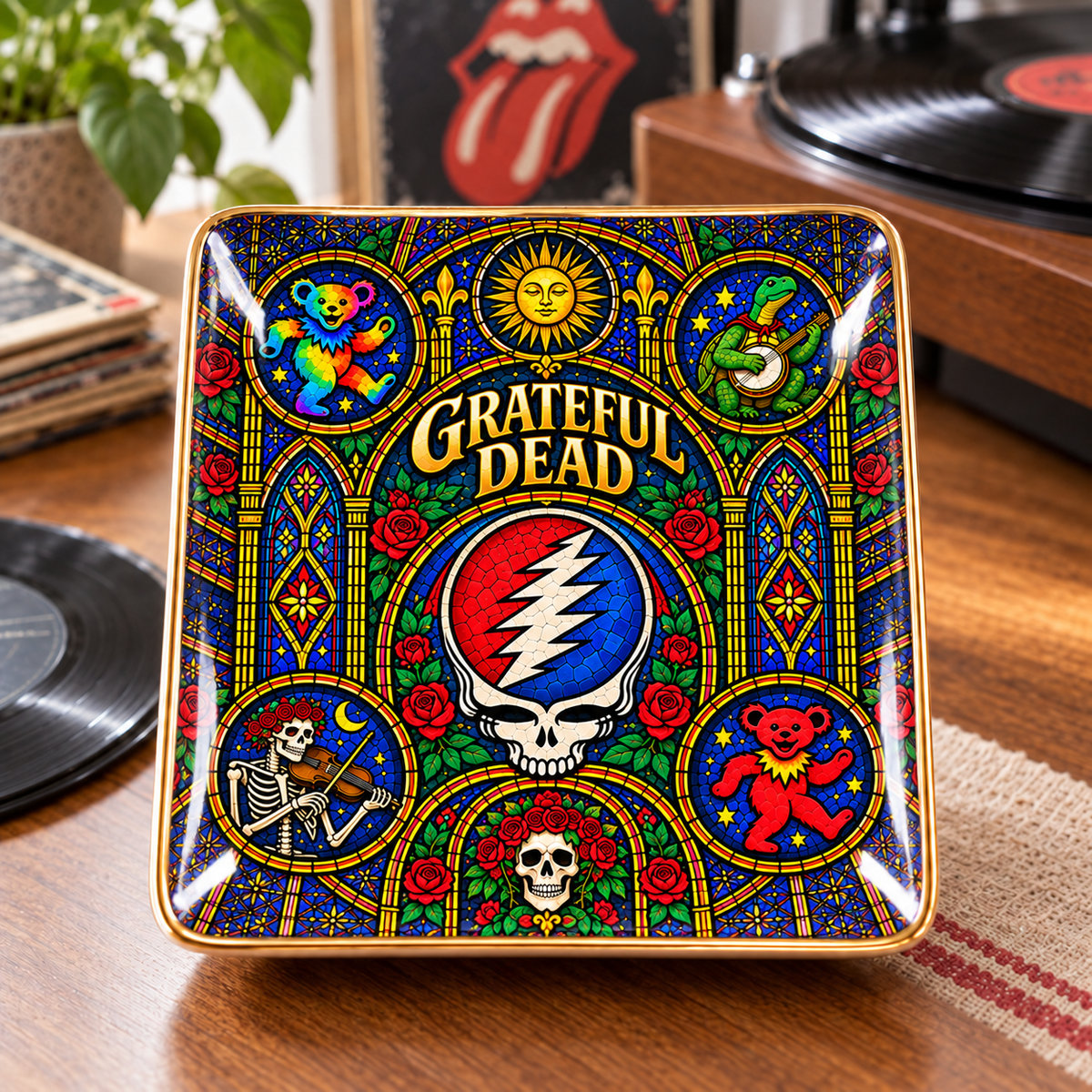 Grateful Dead Ceramic Ring Dish - Jam Band Stained Glass Jewelry Tray, Steal Your Face Trinket Dish Fan Gift
