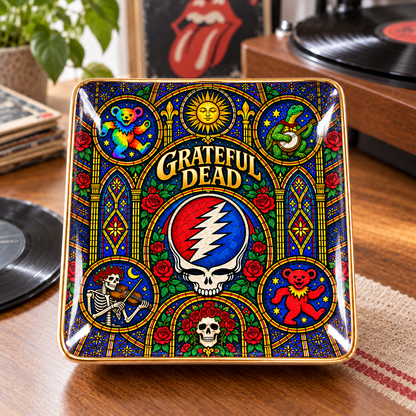 Grateful Dead Ceramic Ring Dish - Jam Band Stained Glass Jewelry Tray, Steal Your Face Trinket Dish Fan Gift
